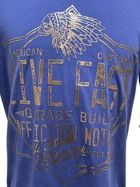 Affliction American Customs L T-Shirt Live Fast Garage Built Motors Metallic NEW